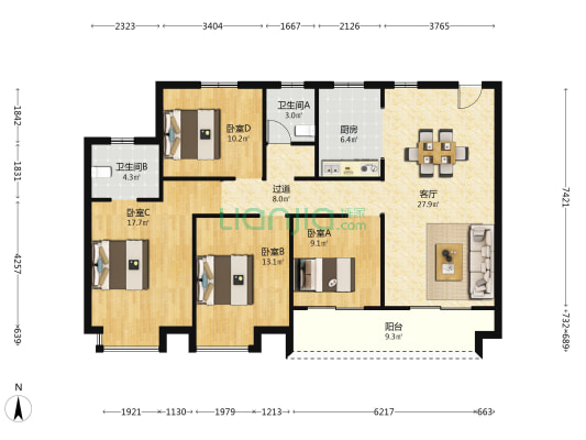 德喜花苑 4室1厅2卫 141平方