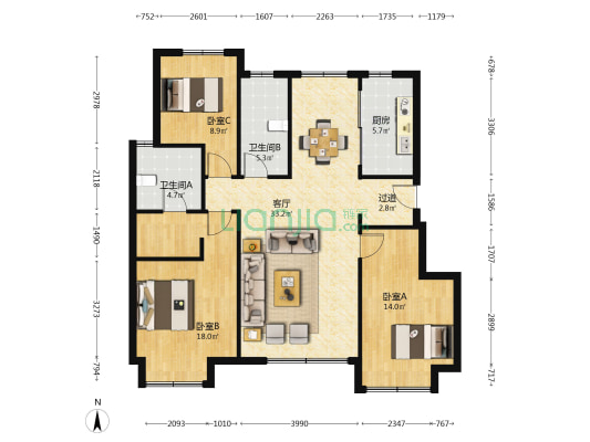 华润置地大连湾国际社区A7区 3室1厅2卫 117平方