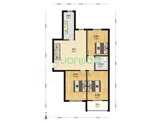 翔天万和城 3室2厅 南 北-户型图