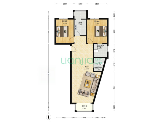凯旋门两居   南北通透  简单装修-户型图