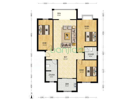 开发区 集中供暖 南北通透大三居双卫户型-户型图