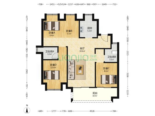 弘阳天玺尚院 4室1厅2卫 113平方