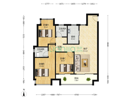 海伦堡弘阳时光玖悦 3室1厅2卫 107平方