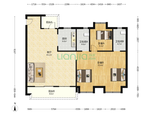 钢旅蓝郡 2室1厅2卫 141平方