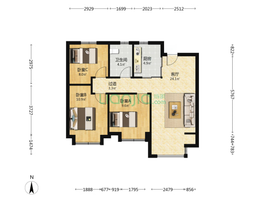 万科滨江都会（秀丰园） 3室1厅1卫 93平方