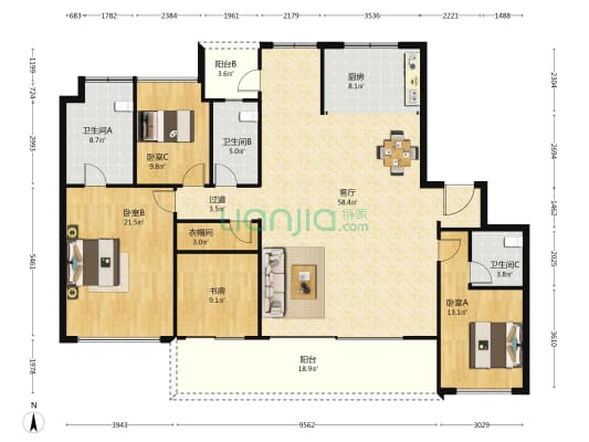 华发四季云玺 4室1厅3卫 193平方