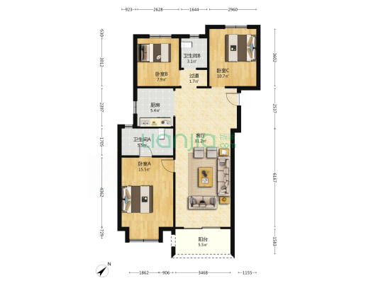 阳光城檀悦B地块 3室1厅2卫 117平方