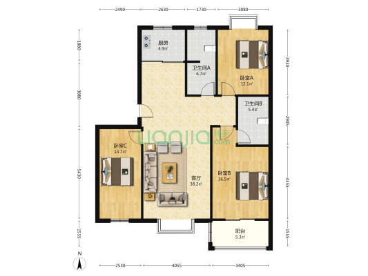 德信公园南侧 板楼大社区 南北通透大三居-户型图