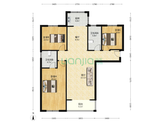 德信御府精装修南北通透的三居室-户型图