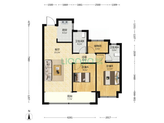 东部时代城 2室1厅2卫 102平方