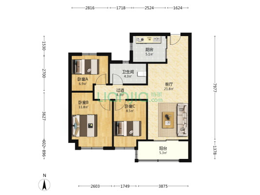 大华锦绣前程和府 3室1厅1卫 88平方