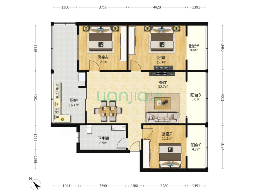 酱园南街16号 3室1厅1卫 112平方