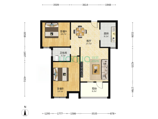 高新和苑 2室1厅1卫 90平方