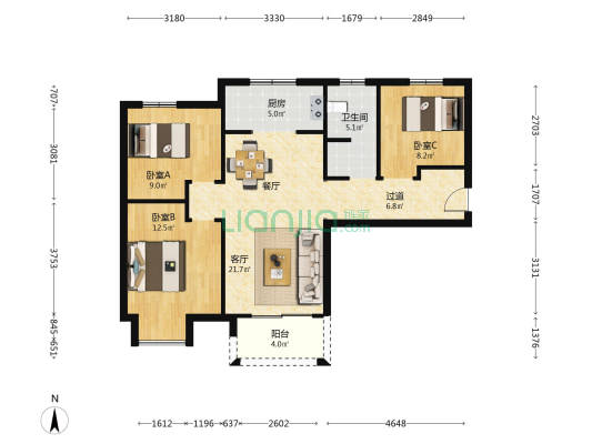 浩创梧桐华府 3室1厅1卫 96平方