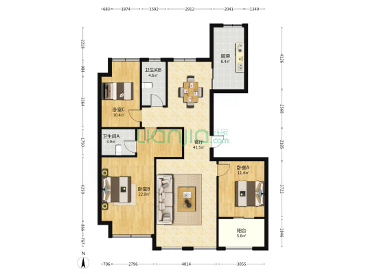 鸿盛铭邸 3室1厅2卫 132平方