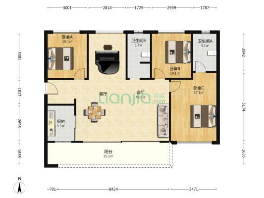 远达天宸名邸 3室1厅2卫 145平方