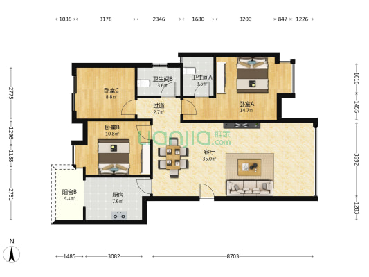 加州阳光 3室1厅2卫 105平方