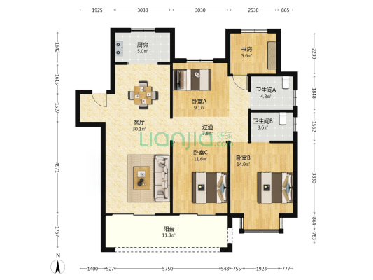 红豆香江华府一区 4室1厅2卫 138平方
