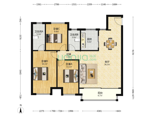 湖畔春晓花园 3室1厅2卫 118平方
