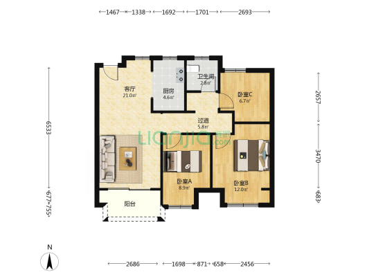 芦风华庭 3室1厅1卫 87平方