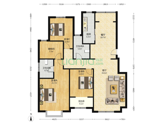 钢混结构，板楼，中间楼层，有电梯，南北通透-户型图