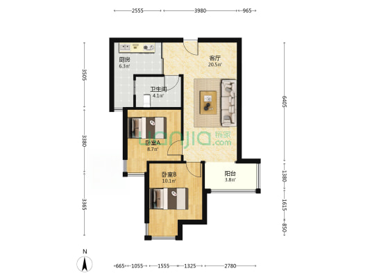 天伦湾嘉园 带装修2居 明厨明卫 集中供暖-户型图