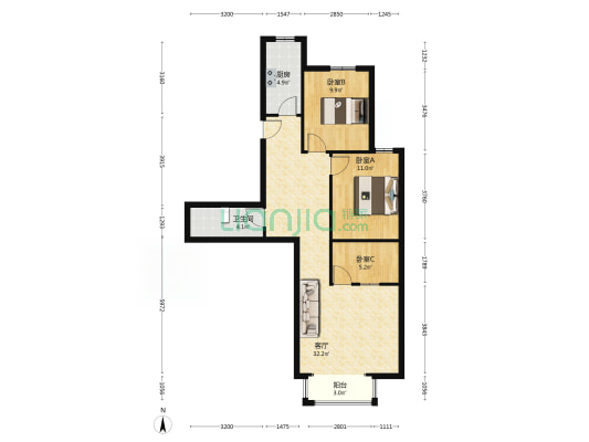 凯旋门三居 精装未住 全新家具家电 拎包入住-户型图