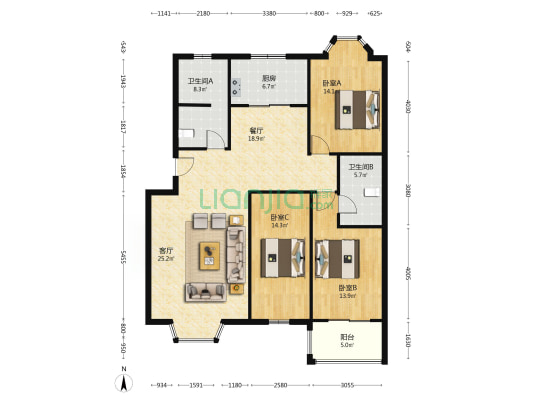 名流枫景洋房 3室2厅 南 北-户型图