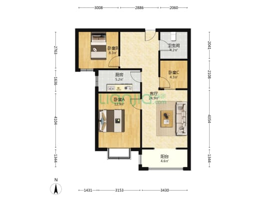 南向两居改三居精装修 拎包入住，楼层好，采光好-户型图