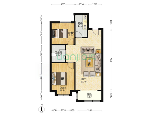 香邑溪谷两居全天采光视野开阔，花园式社区。-户型图