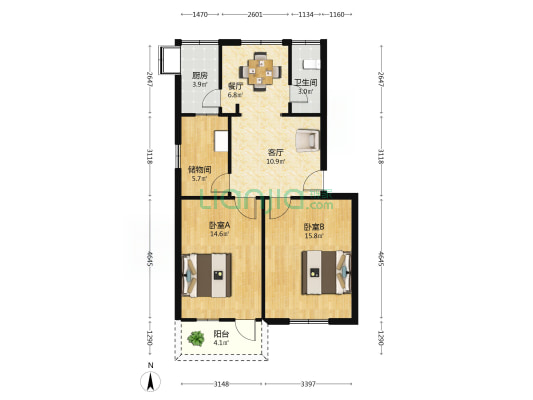 湖北省轻工职业学校宿舍 2室2厅1卫 67平方