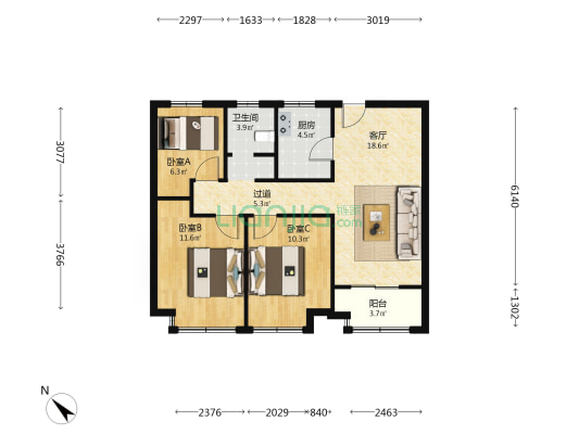 访梅北园 3室1厅1卫 92平方
