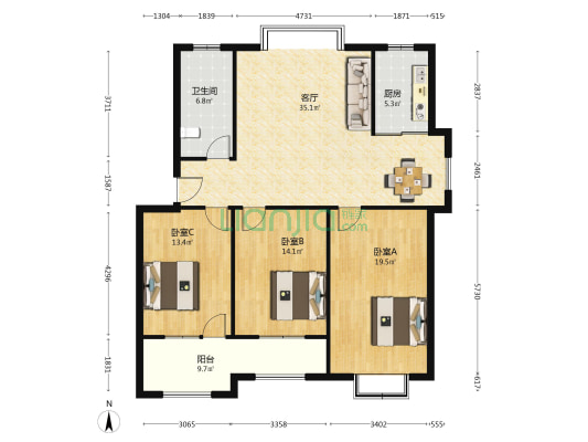 瑞祥花苑 3室1厅1卫 127平方