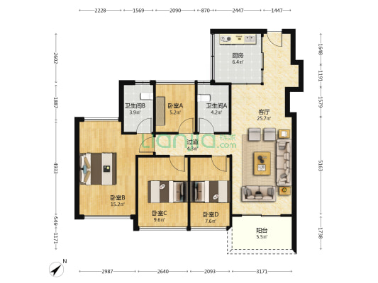 万科中天·世纪水岸 4室1厅2卫 105平方