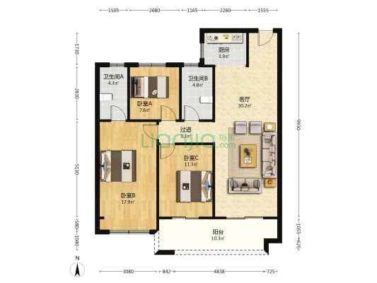 恒达君御府二期 3室1厅2卫 119平方