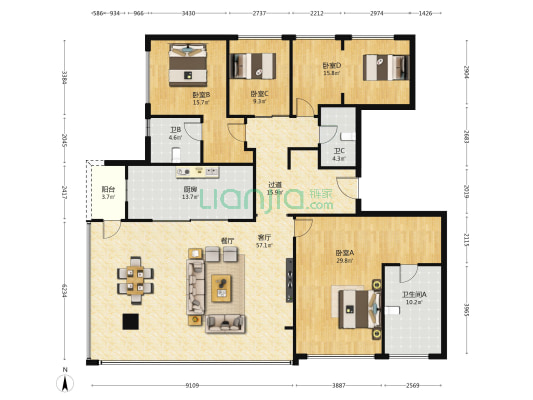 西派善成 4室1厅3卫 217平方