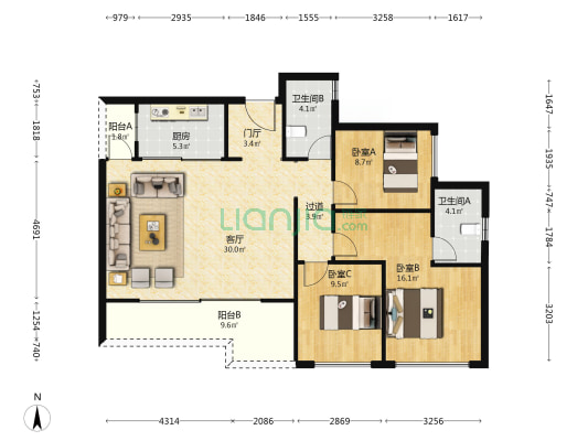 龙湖天府云河颂 3室1厅2卫 117平方