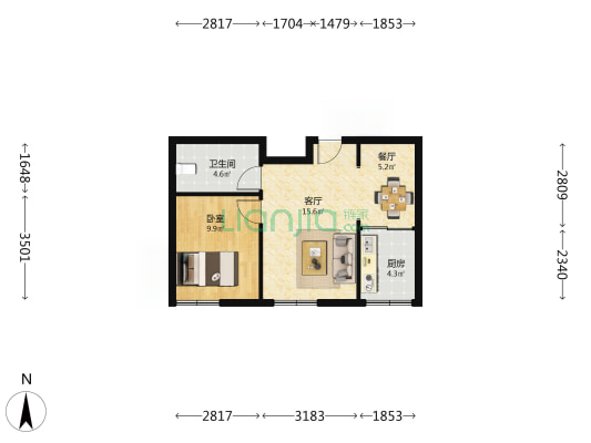 沈铁站北新居D区 1室2厅1卫 58平方
