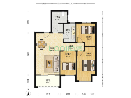鑫苑府 3室1厅1卫 105平方