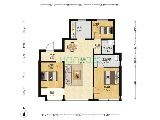 天璟 3室1厅2卫 102平方