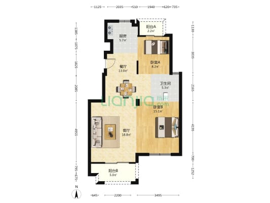 兆通悦府 2室2厅1卫 90平方
