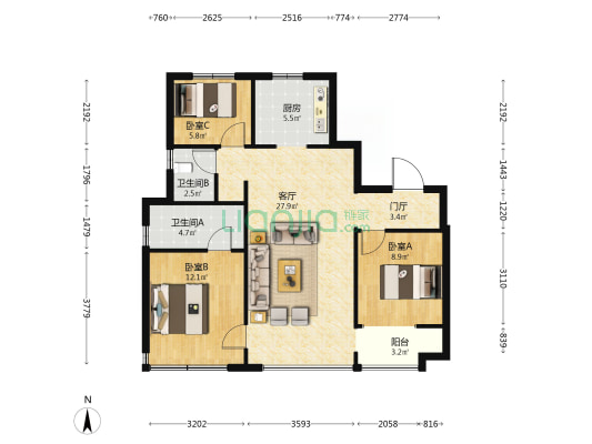 天璟 3室1厅2卫 103平方