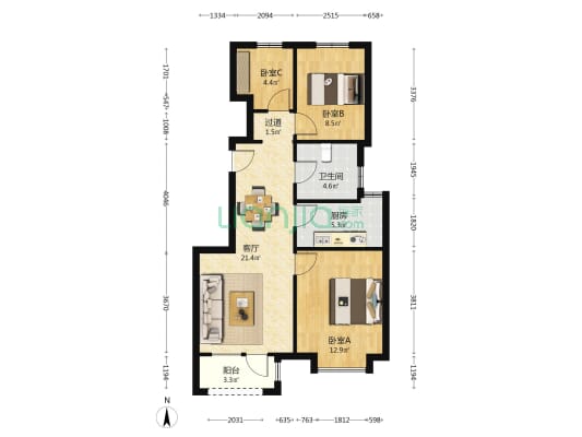 五矿万科·哈洛小镇 3室1厅1卫 89平方