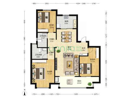 悦湖观邸 3室1厅2卫 129平方