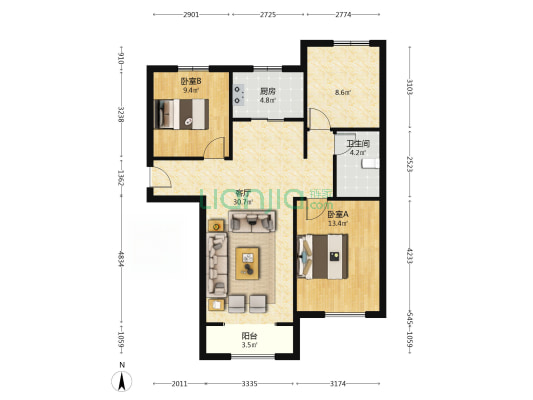 K2狮子城南区 3室2厅 南 北-户型图