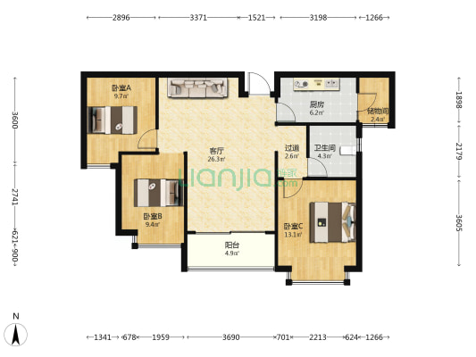 恒大悦府二期(悦龙湾） 3室1厅1卫 116平方