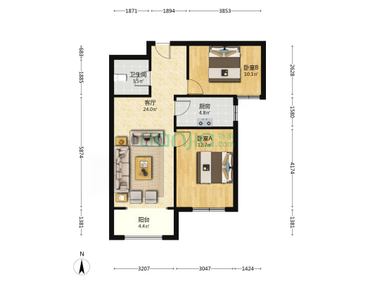 鹏渤印象城牛津花园 2室1厅 南-户型图
