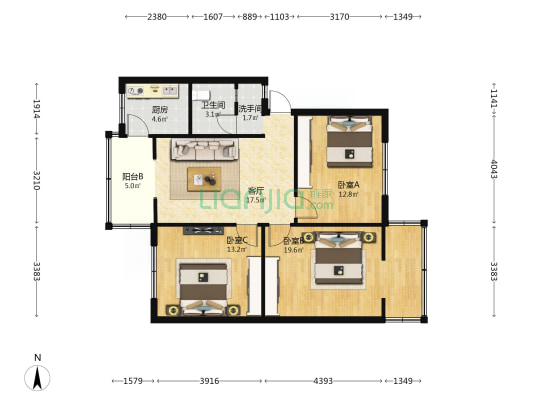 龙平路63号 3室1厅2卫 90平方