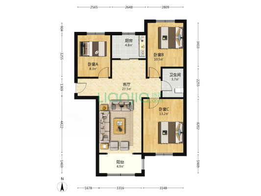 鹏渤印象城牛津花园 3室1厅 南 北-户型图