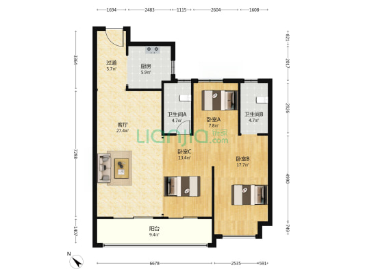 武汉润府 3室1厅2卫 126平方